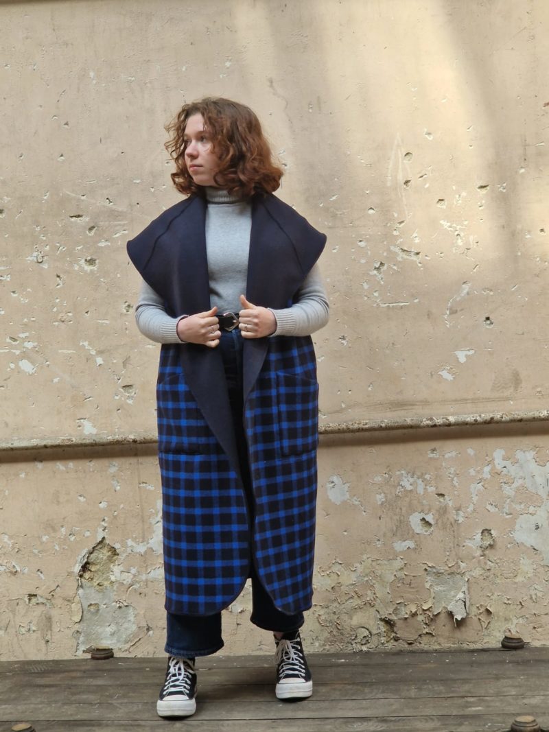 manteau réversible carreaux bleus et marine uni