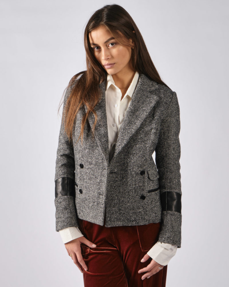 Veste tailleur tweed et cuir