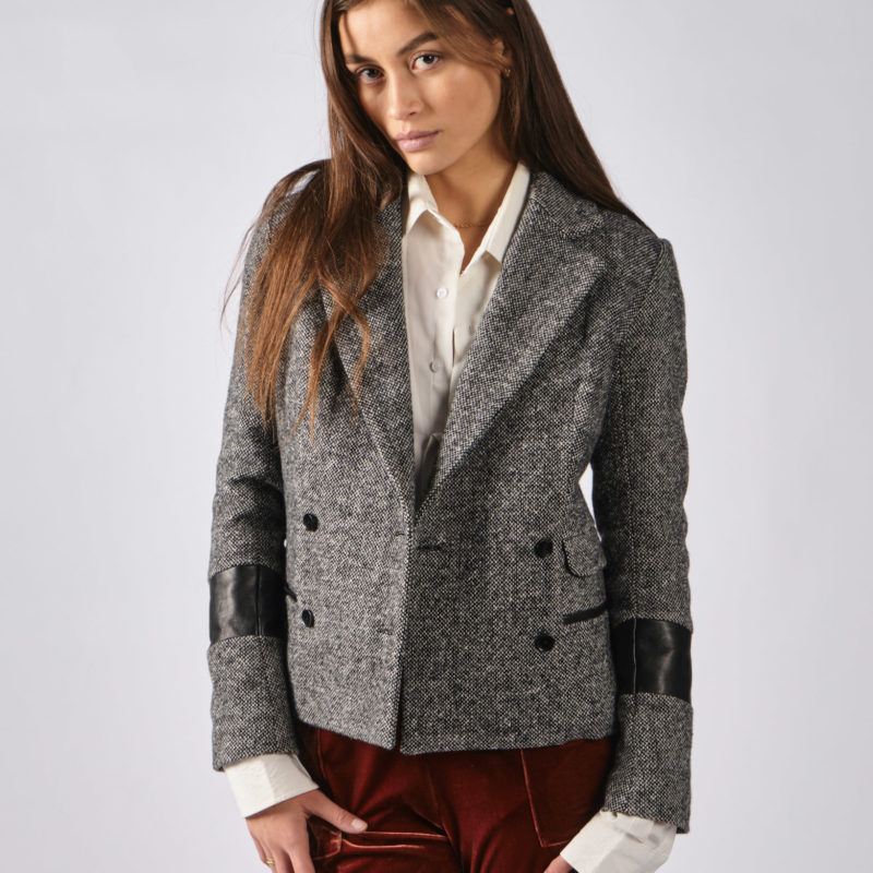 Veste tailleur tweed et cuir