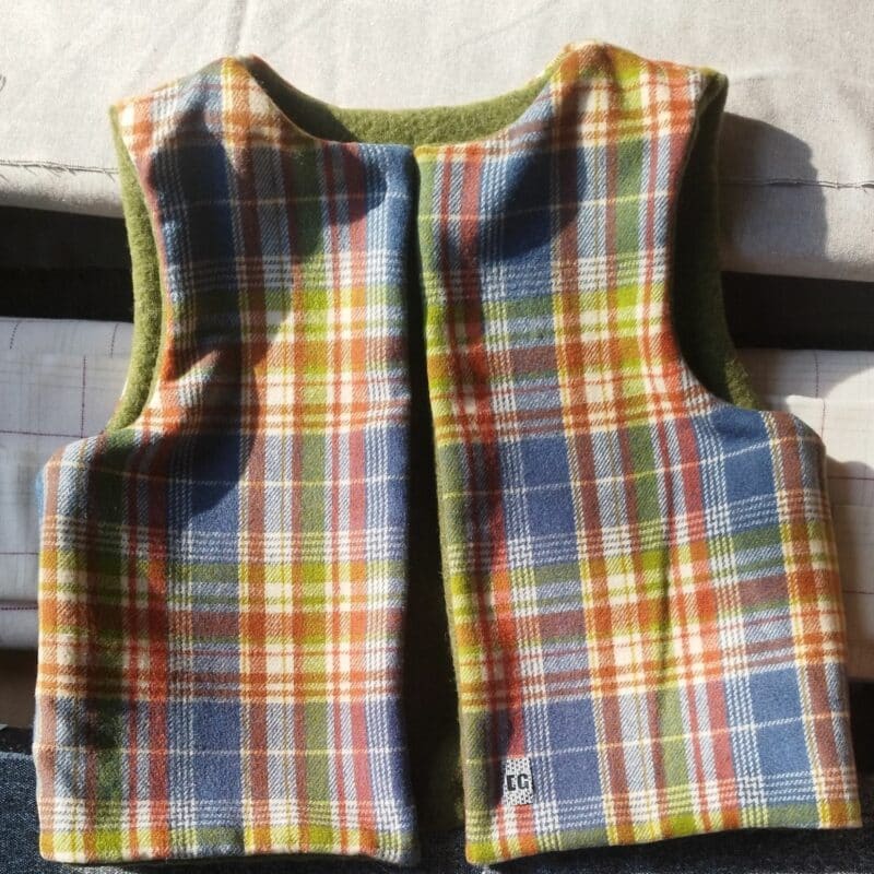 gilet de berger reversible carreaux laine bouillie vert