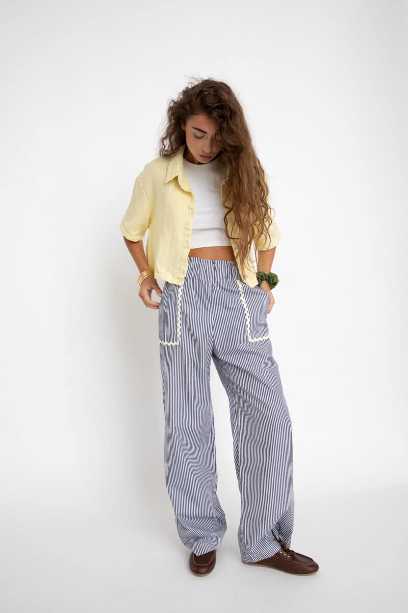 pantalon droit femme bleu rayé