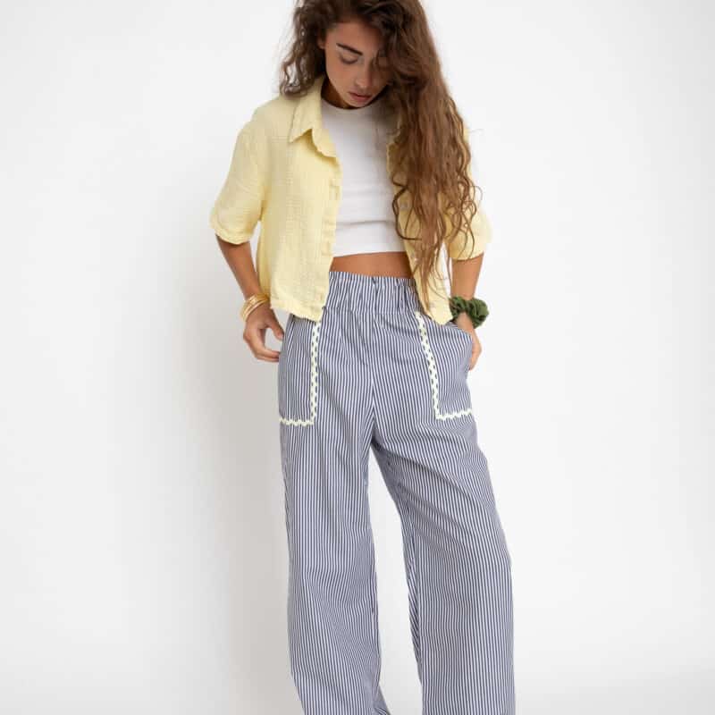 pantalon droit femme bleu rayé