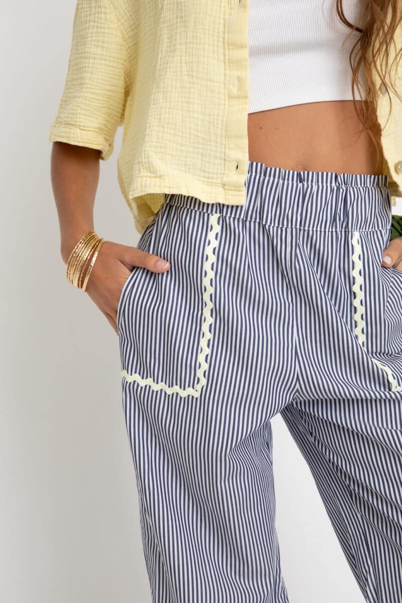 pantalon droit femme bleu rayé